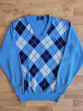 Fred Perry Argyle V-Neck Light Baby Blue Sweater, Made In England, Large